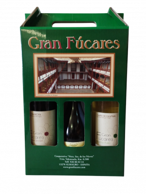 Estuche Lote 2 botellas Vino Tinto y Blanco Gran Fúcares + Botella 500 ml. AOVE Fúcares